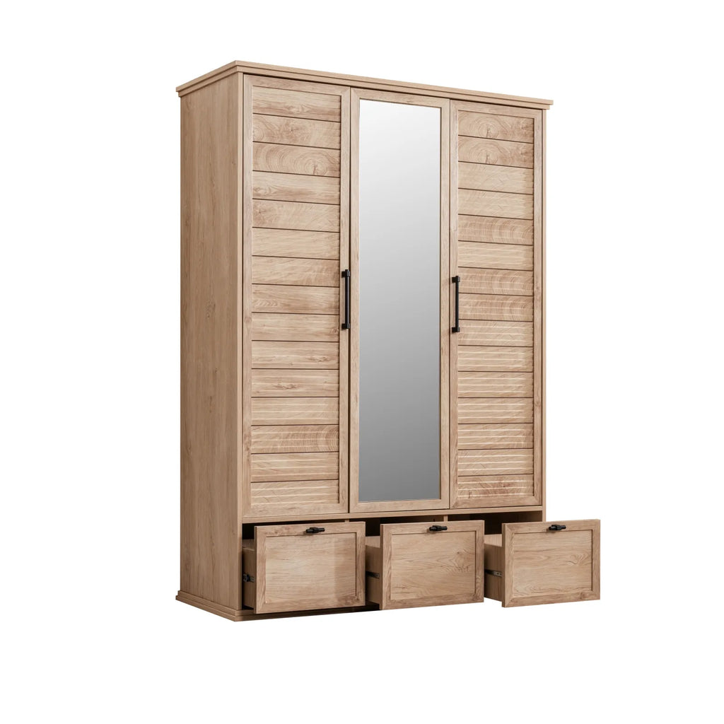 Polo Armoire by Lynda Kids featuring light wood finish, mirrored door, and pull-out drawers