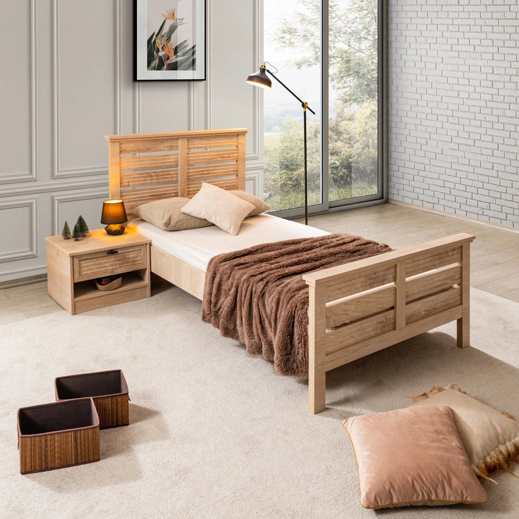 Polo Bed by Lynda Kids: Light wood twin bed with slatted headboard and brown fuzzy blanket