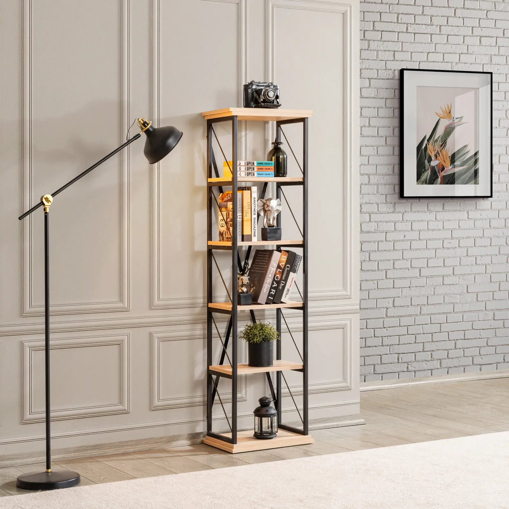 Polo Bookcase with five-tier industrial style design, black metal frame, and light wood shelves