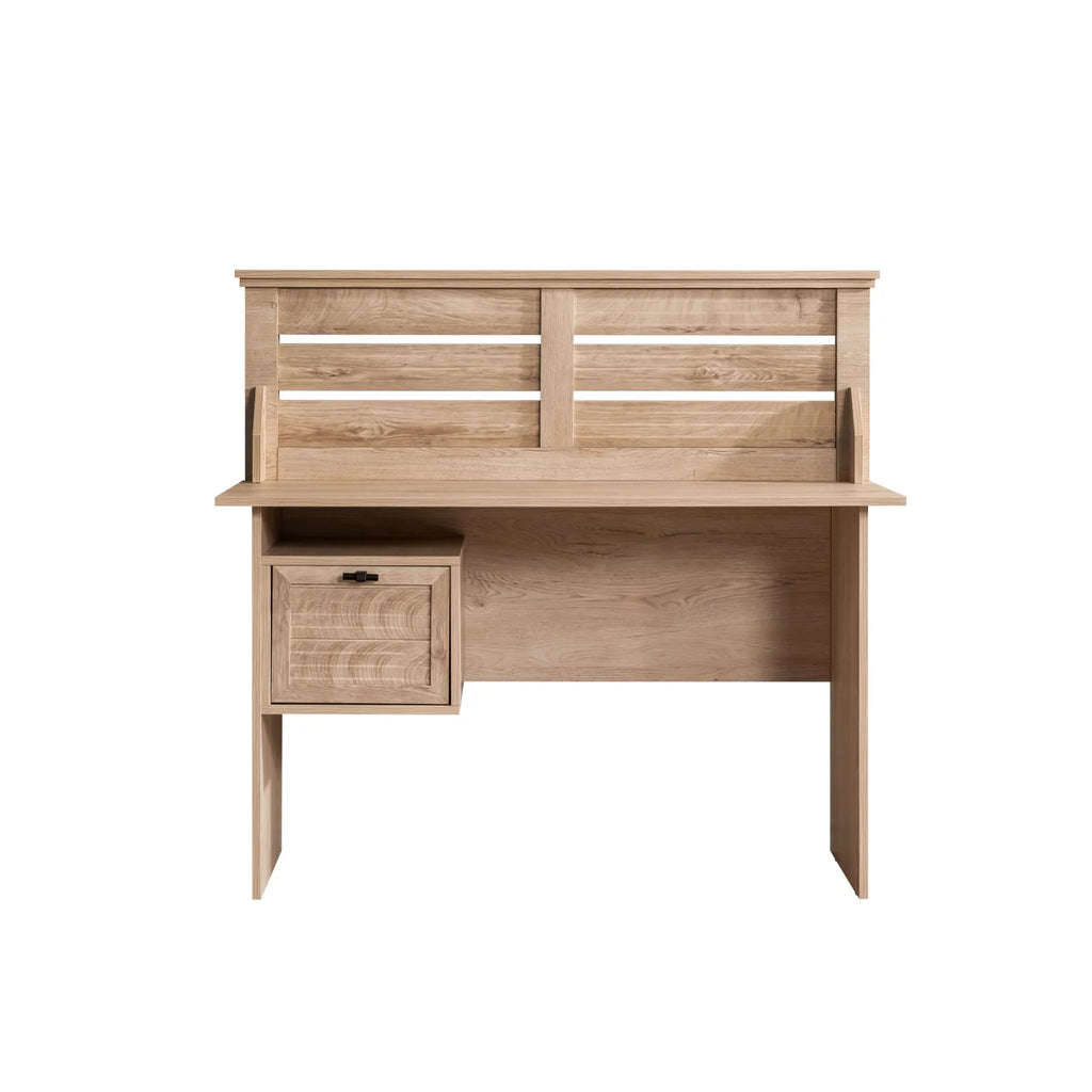 Polo Desk by Lynda Kids featuring a light-colored wooden desk with hutch and drawer