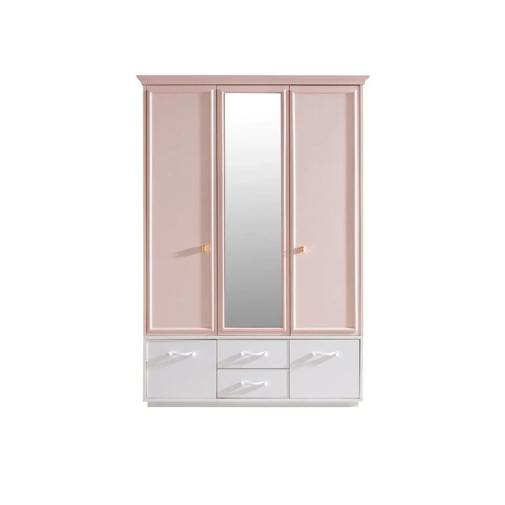 Pink and white rosa armoire with mirrored door and three drawers, ideal for Lynda Kids