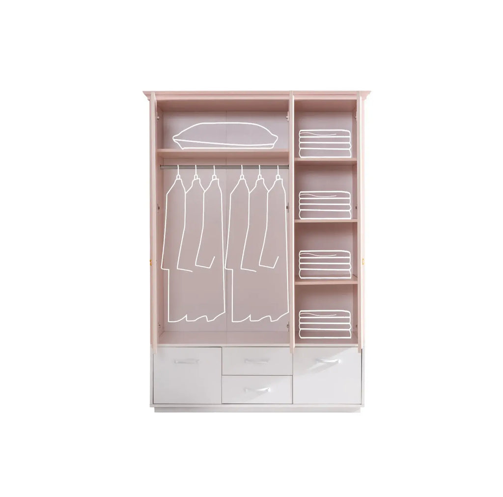 Open light wood Rosa Armoire by Lynda Kids with hanging space, shelves, and drawers