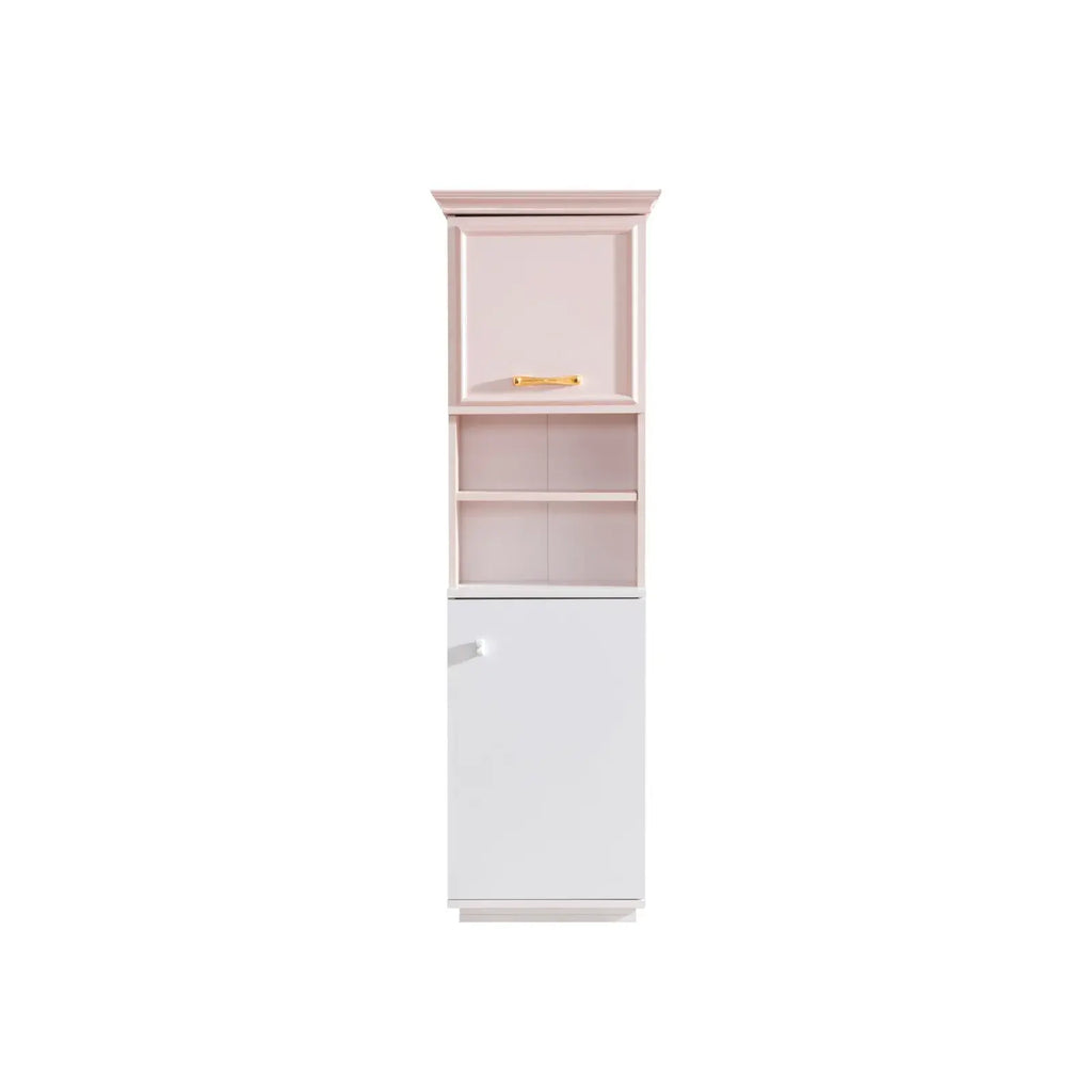 White and light pink Rosa Bookcase with open shelves and closed cupboard for Lynda Kids