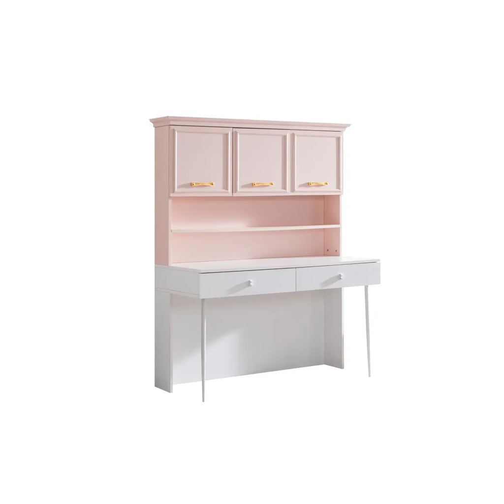 Pink and white Rosa Desk with hutch for Lynda Kids, featuring closed cabinets and open shelf
