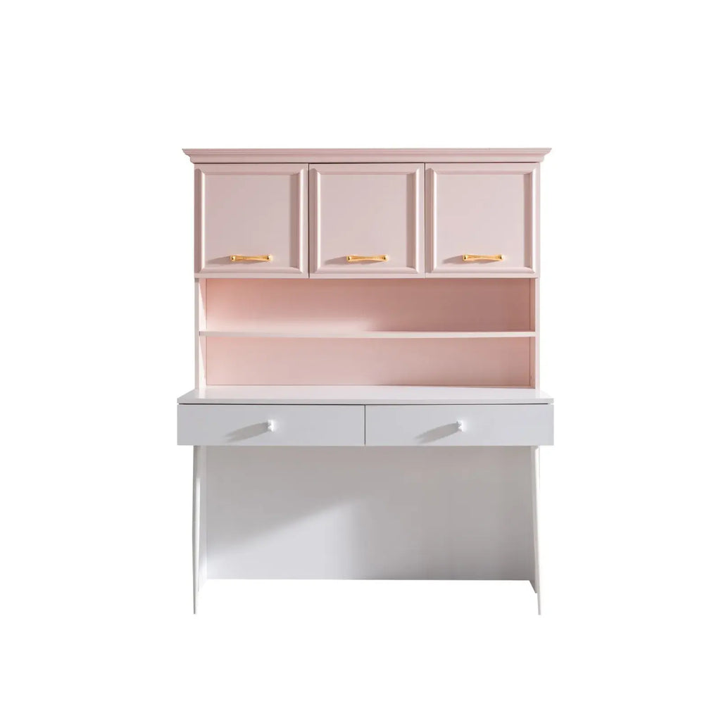 Pink and white Rosa Desk by Lynda Kids with overhead cabinets and drawers