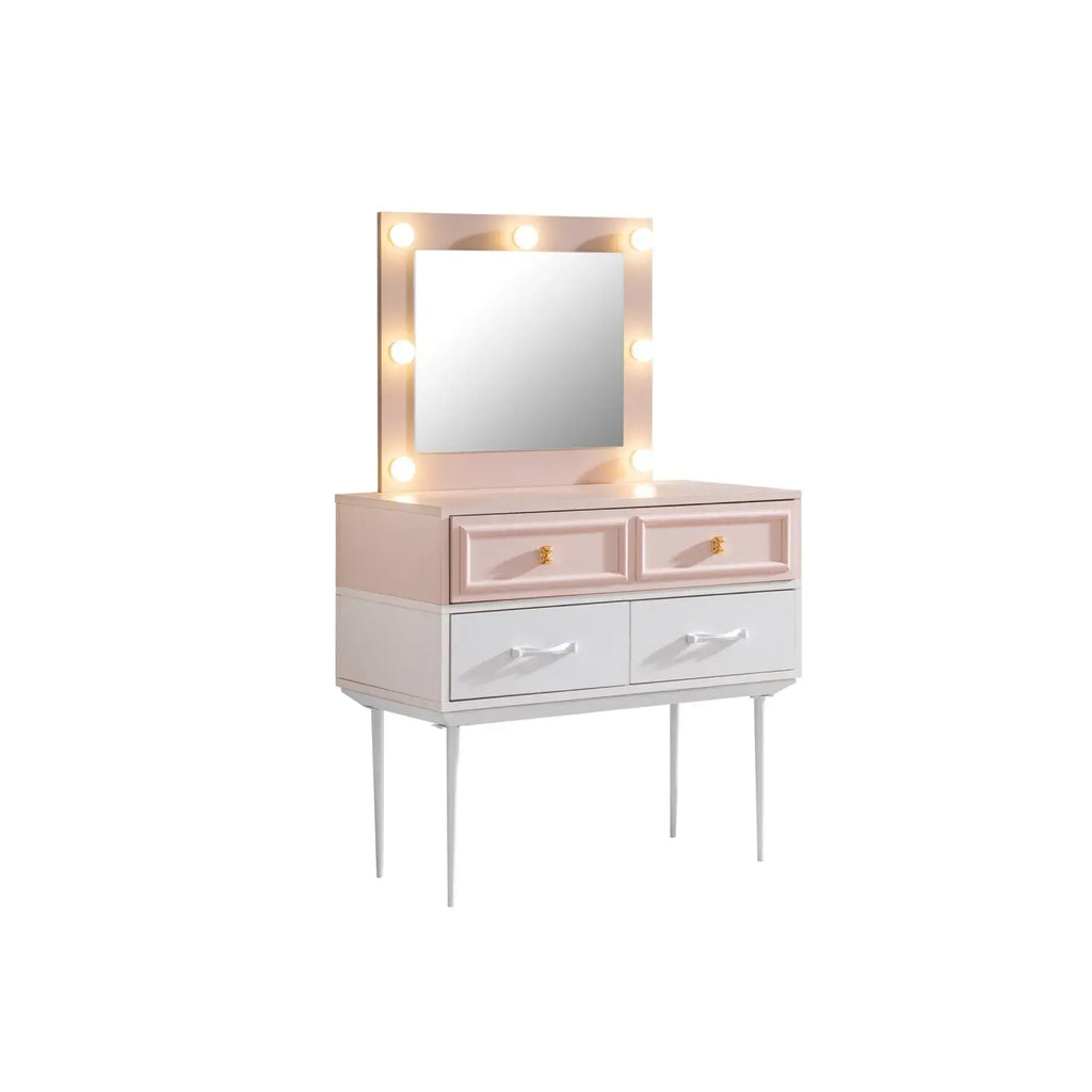 Pink and white Rosa Dresser vanity table with lighted mirror and four drawers for Lynda Kids