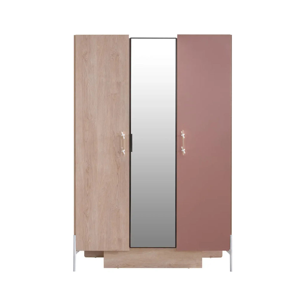 Rosetta Armoire with mirrored door, light wood and dusty rose sides, golden handles
