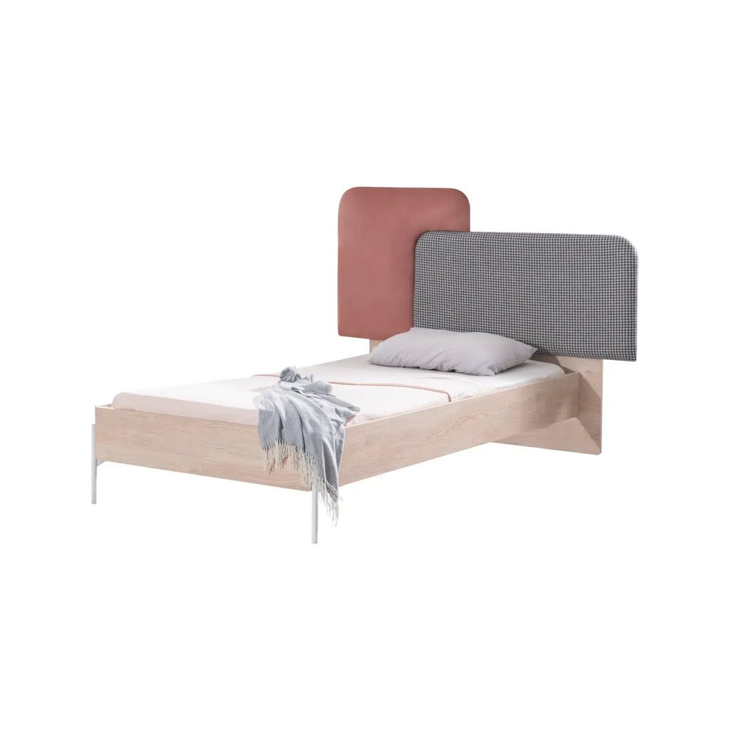 Rosetta Bed for kids with light pink frame and stylish grey patterned headboard