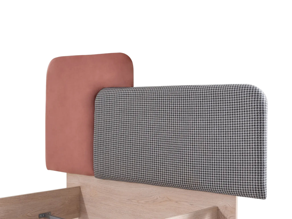 Rosetta Bed with pink and houndstooth upholstered headboard panels from Lynda Kids