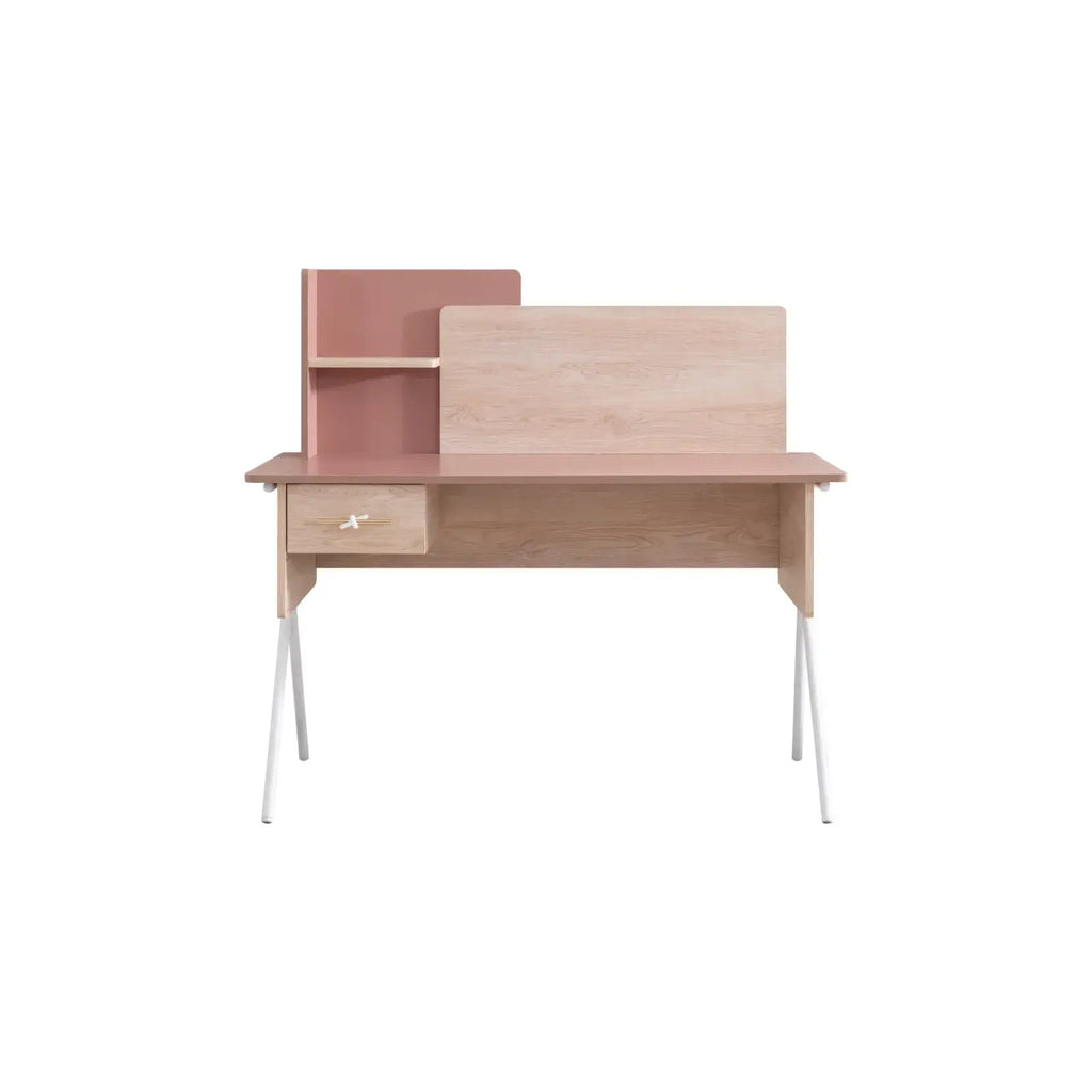 Rosetta Desk for Lynda Kids in pink and natural wood tones with drawer and hutch