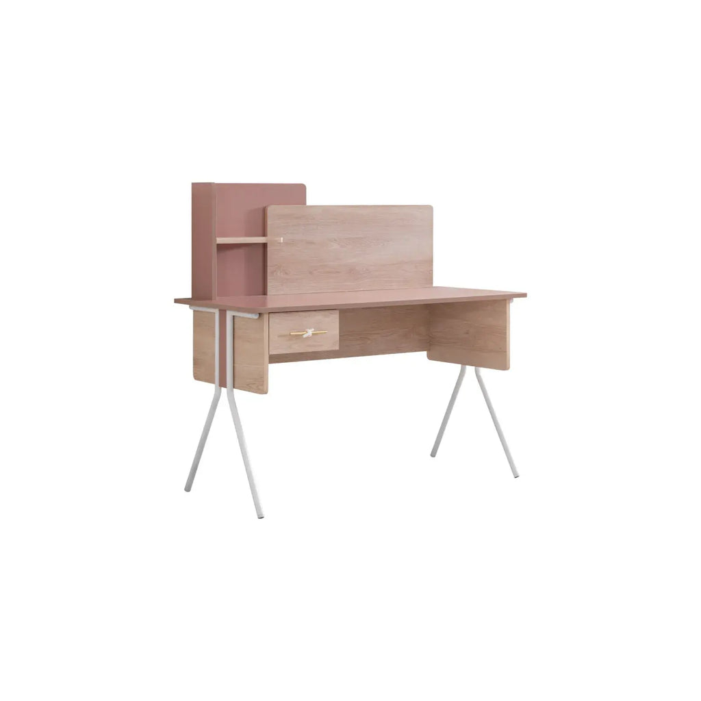 Rosetta Desk by Lynda Kids with light wood and pink finish, built-in hutch and drawer