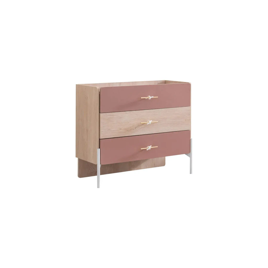 Rosetta Dresser by Lynda Kids with light wood frame, dusty rose and beige drawers