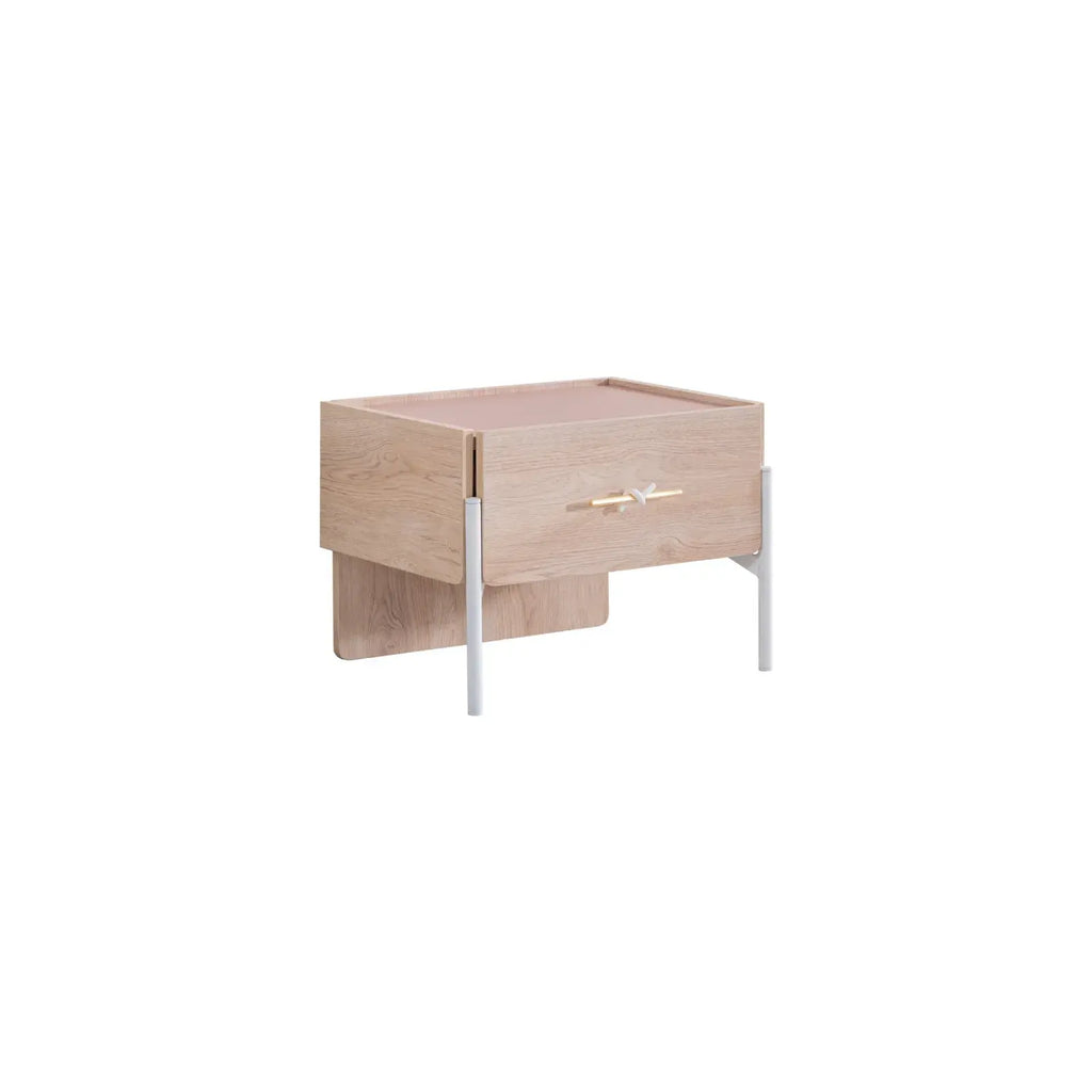 Rosetta Nightstand with light wood finish and white metal legs for Lynda Kids room