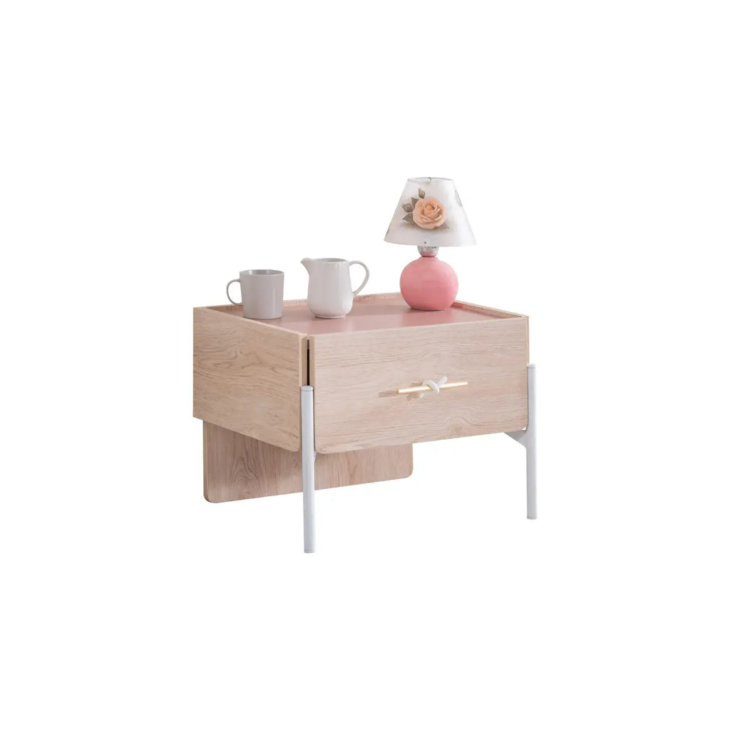 Light wood Rosetta Nightstand with drawer, handles, and white legs for Lynda Kids