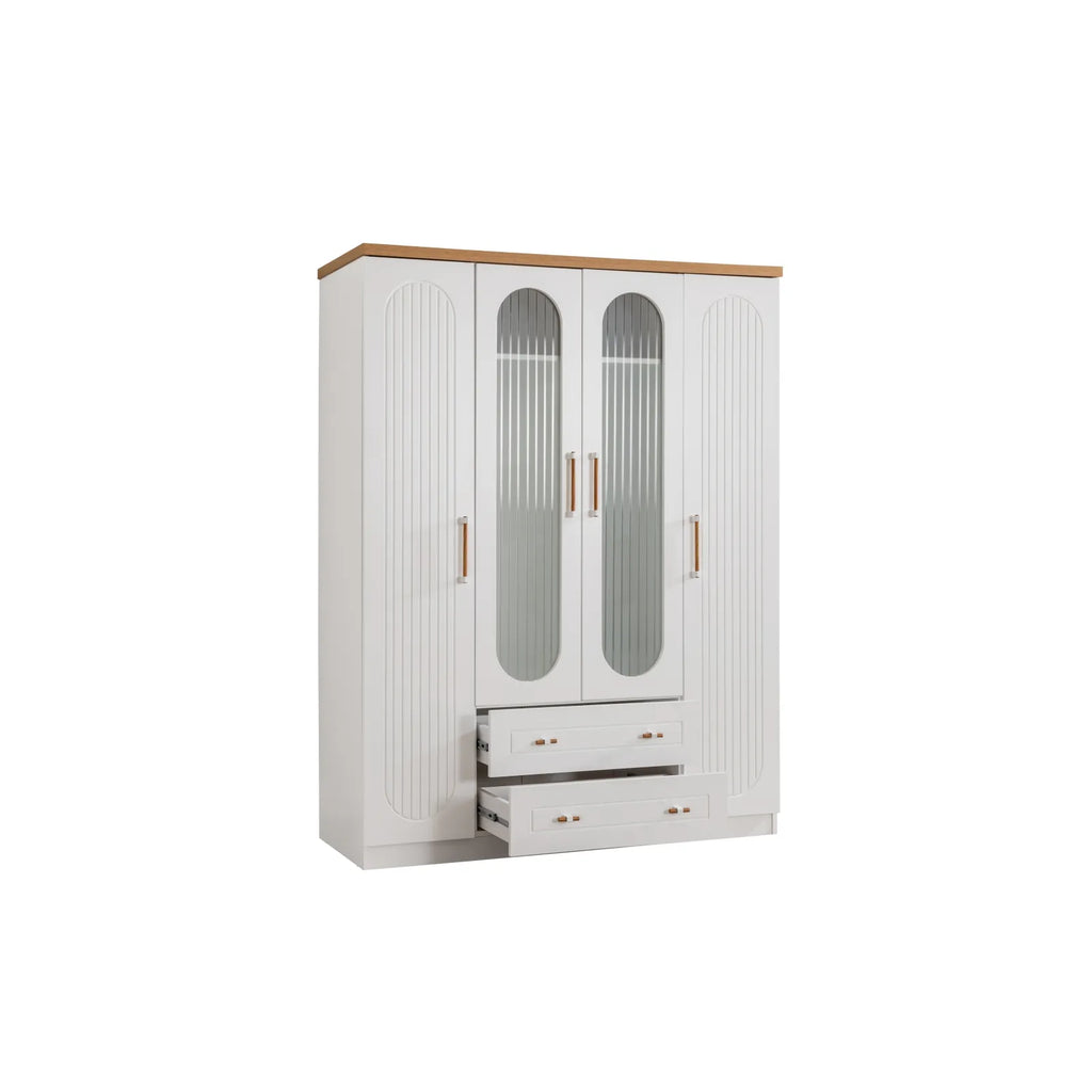 Vita Bohem Armoire with white finish, wooden top, glass doors, and open drawers