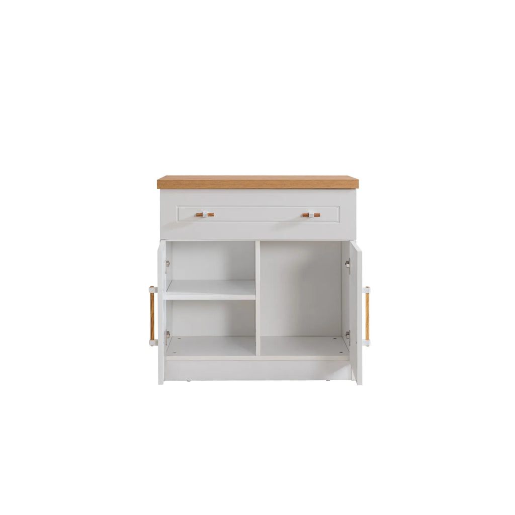 Vita Bohem Dresser featuring white wood, light brown top, open shelves, and doors