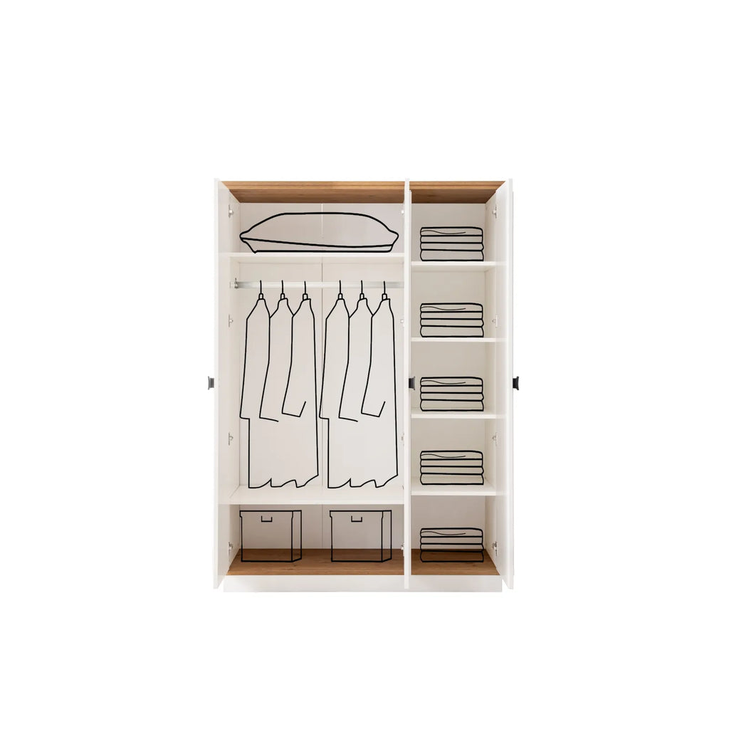 Zenit Armoire by Lynda Kids with two sections, hanging rail, shelves, and storage boxes