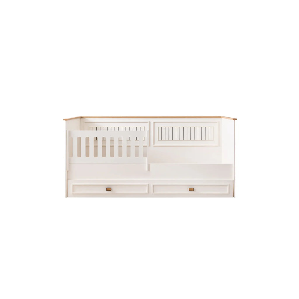 Zenit Bed by Lynda Kids white wooden daybed with built-in stairs and storage drawers