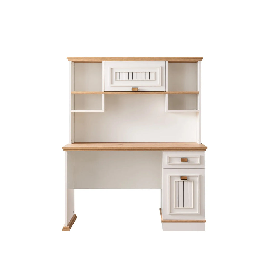Zenit Desk by Lynda Kids with white wood, light brown top, hutch, shelves, cabinet, and drawers