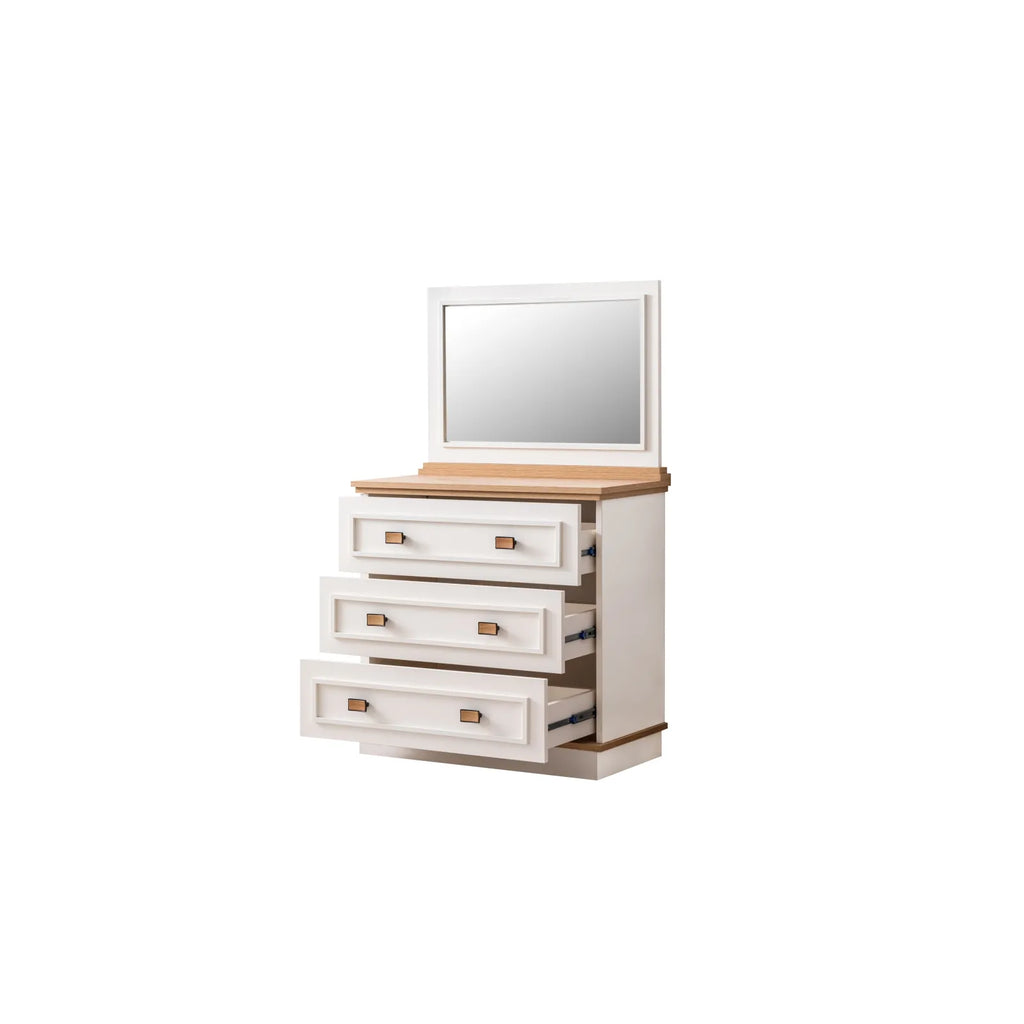 Zenit Dresser by Lynda Kids with three drawers, natural wood top, and rectangular mirror
