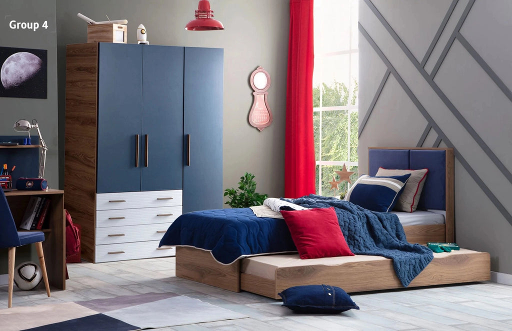 Orion Set 4 boys bedroom set with blue and wood wardrobe, desk, and trundle bed