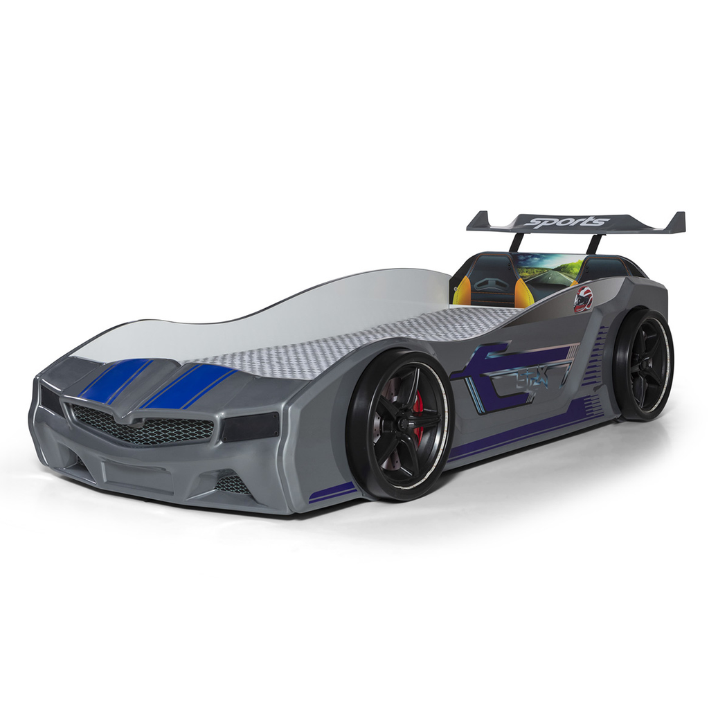 Gray race car-shaped toddler bed with blue stripes and rear spoiler for Thunder Racer Bed