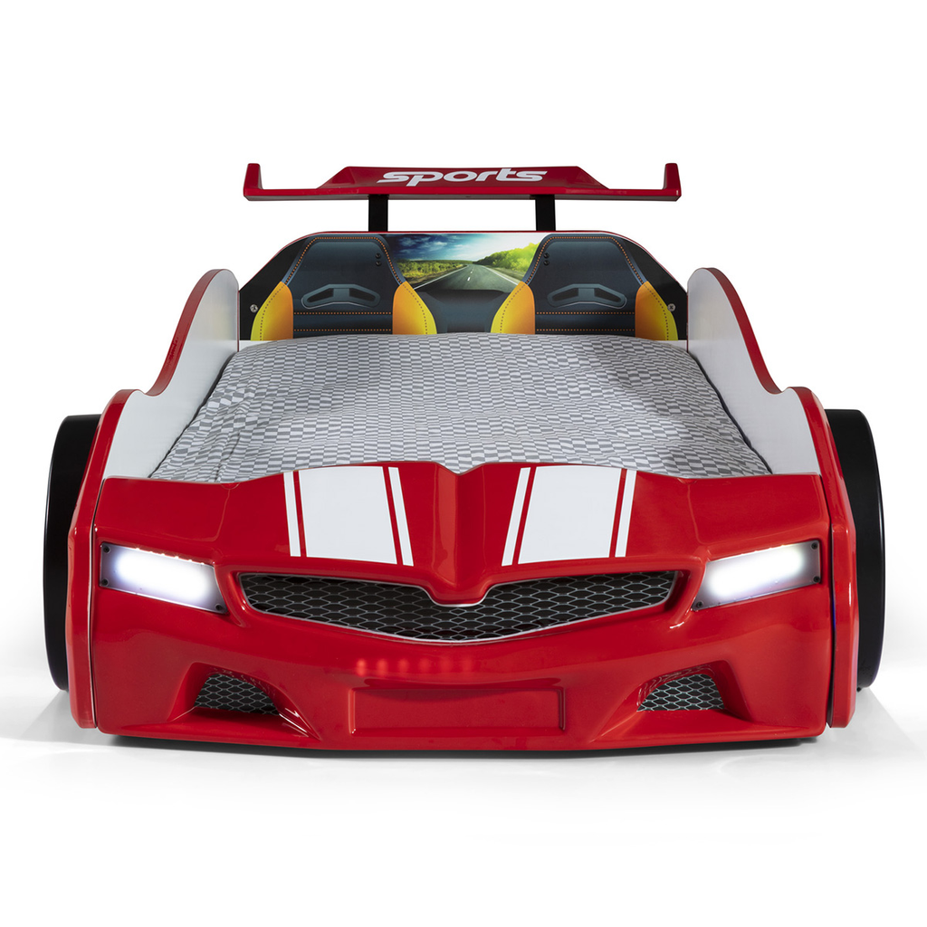 Red Thunder Racer Bed with white stripes and working headlights, perfect racer bed for kids