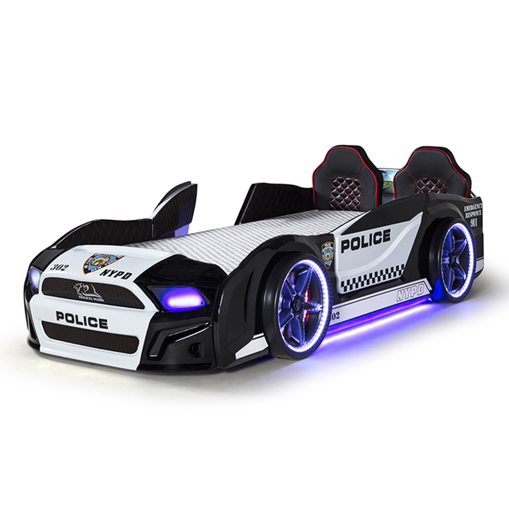 Black and white muscle police car bed frame with LED lights, perfect police car bed for kids