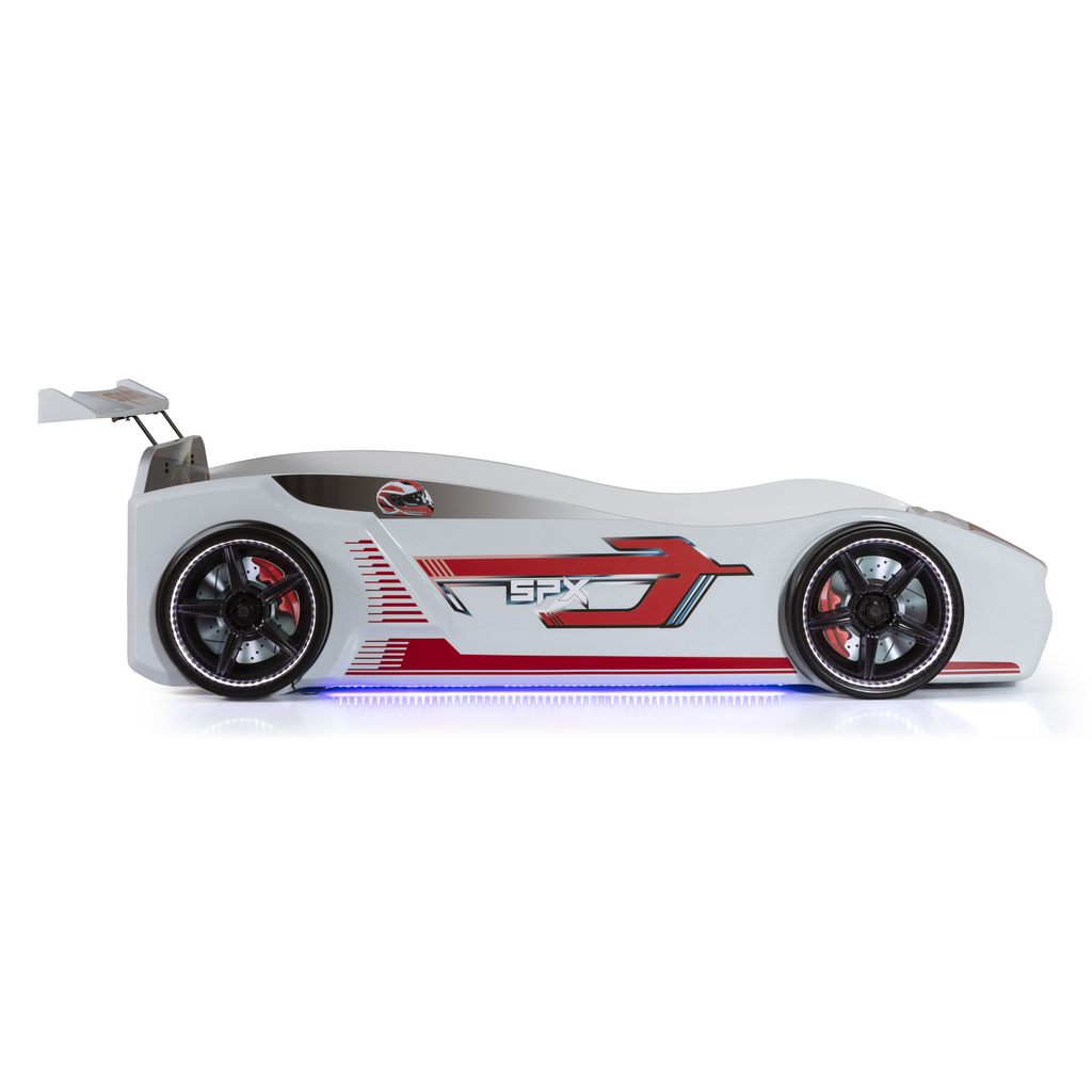 White race car-shaped Thunder Racer Bed frame with red black accents and blue underglow
