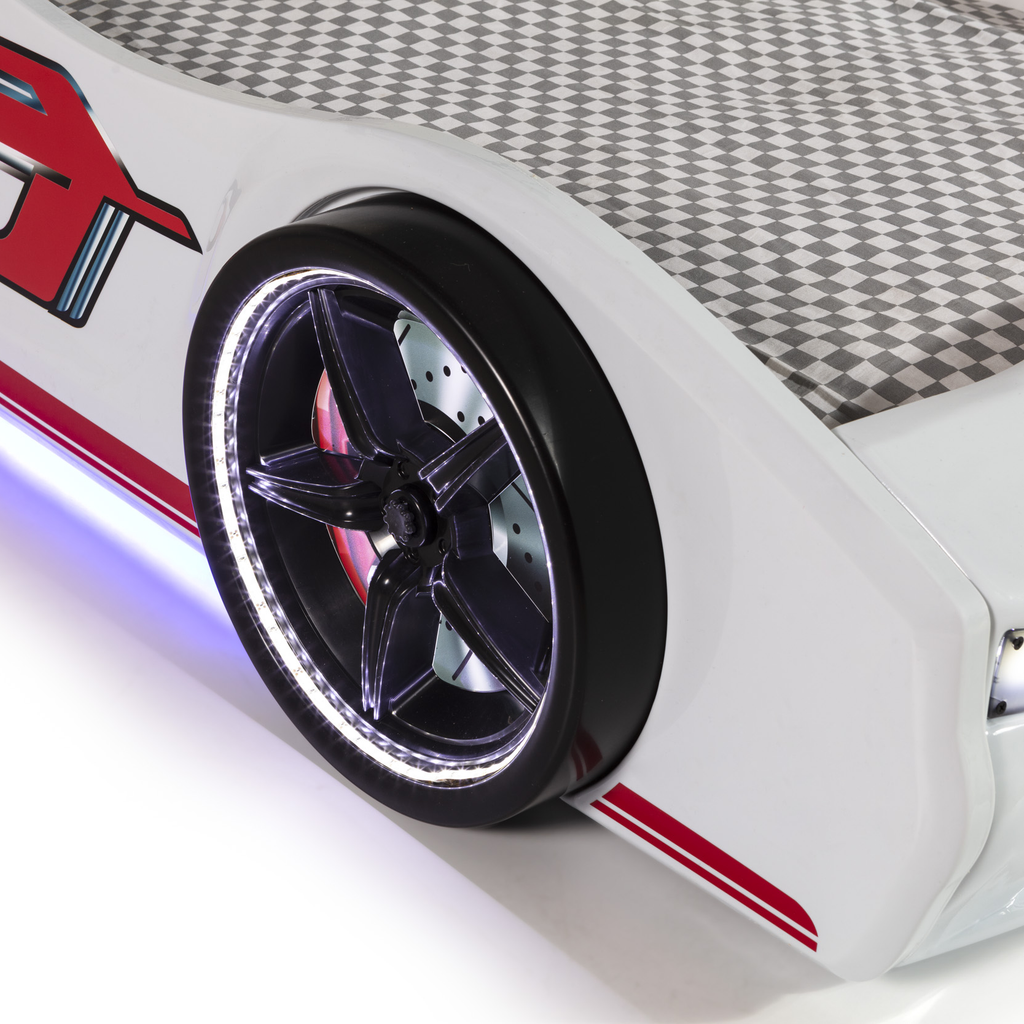 White car-shaped bed with checkered headboard and red racing stripes in Thunder Racer Bed