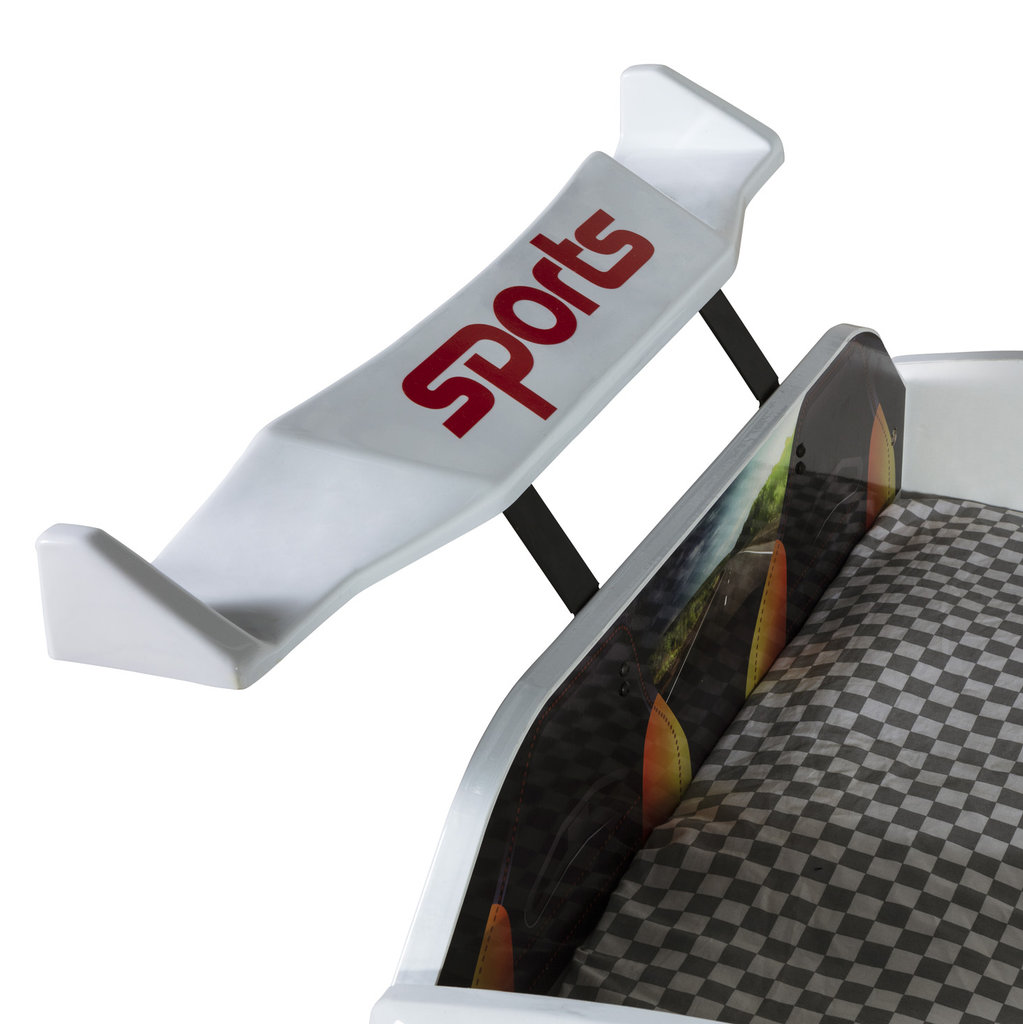 White Sports branded spoiler on Thunder Racer Bed racing-themed bed frame for kids