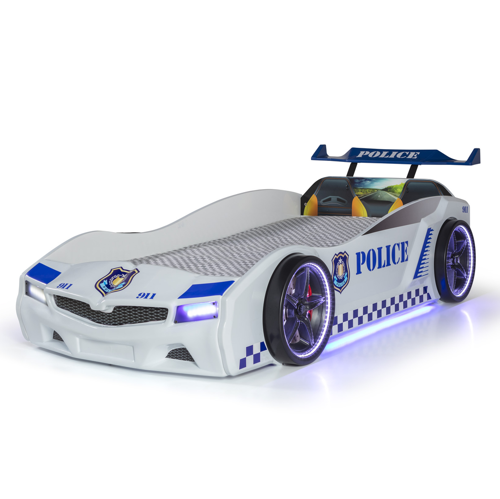 Thunder Police Car Bed for kids resembling a white police car with blue accents and illuminated wheels