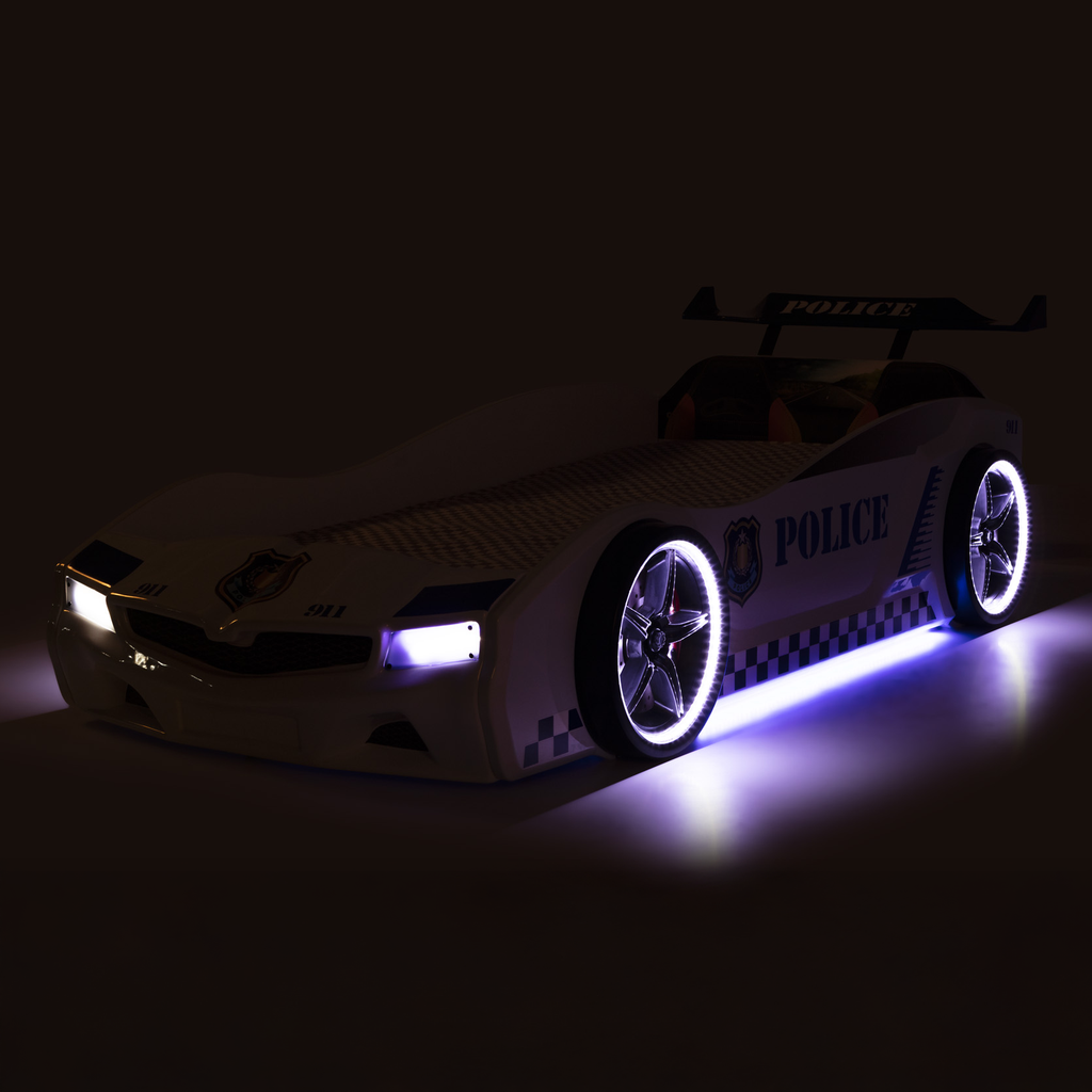 Thunder Police Car Bed with illuminated wheels, headlights, and underglow lighting