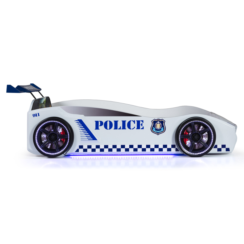 White police car bed for kids with glowing wheels and undercarriage lights, Thunder Police Car Bed