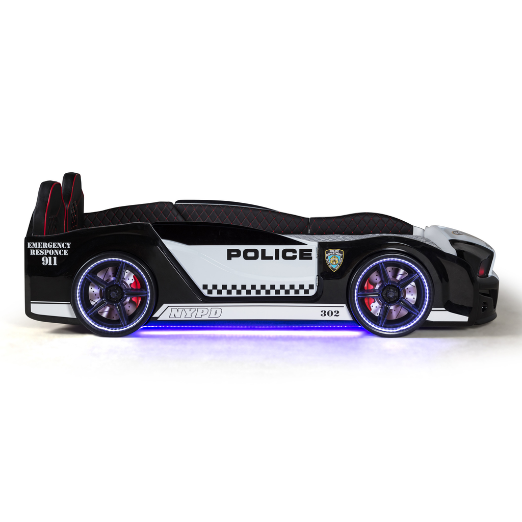 Muscle Police Car Bed with glowing blue lights and illuminated wheels for kids