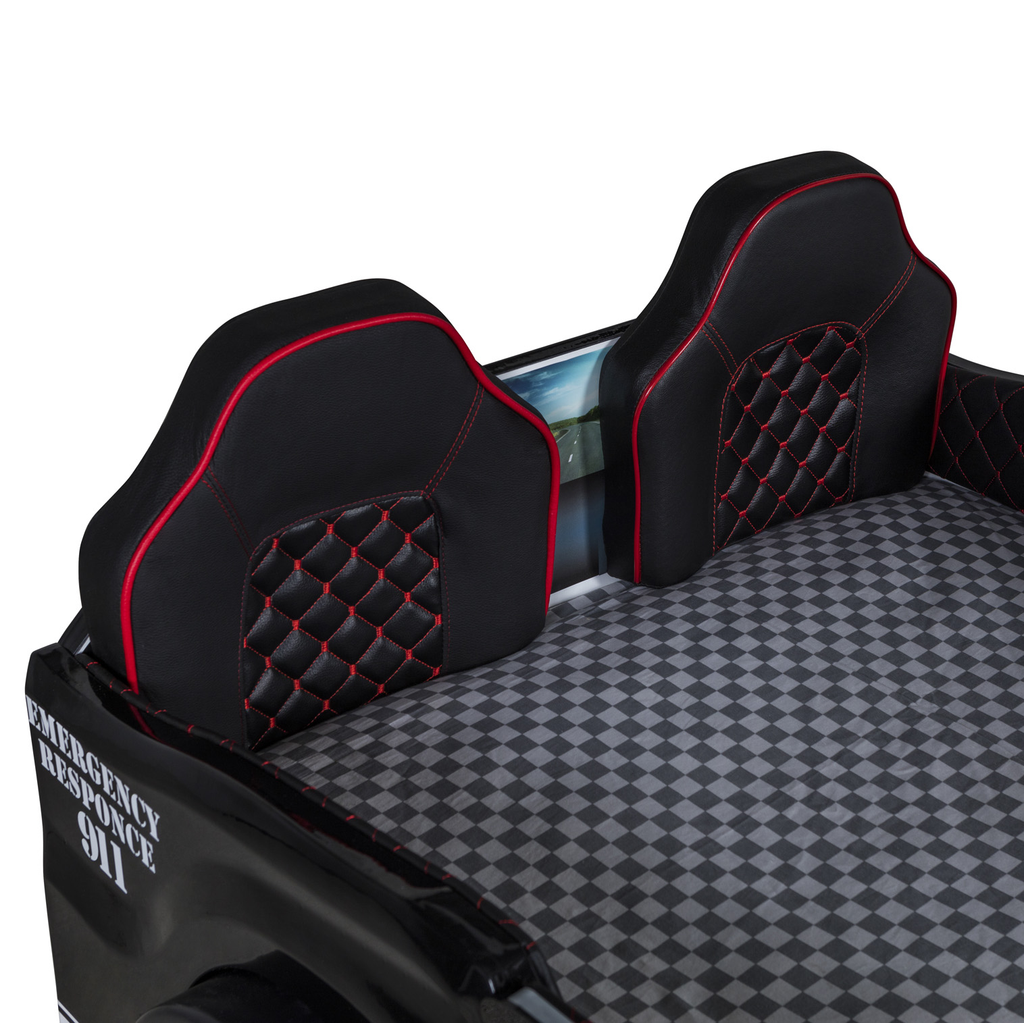 Black and red upholstered Muscle Police Car Bed with checkered mattress for police car bed enthusiasts