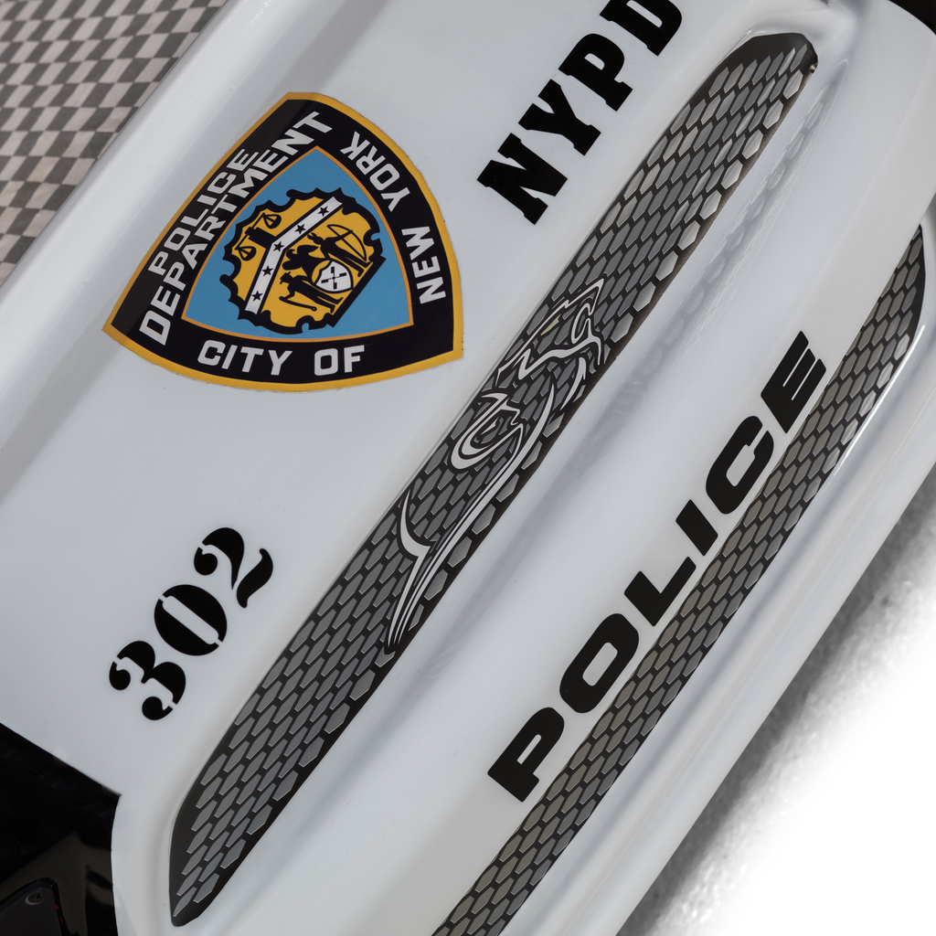White police vehicle with black and gray decals, ideal for Muscle Police Car Bed decor
