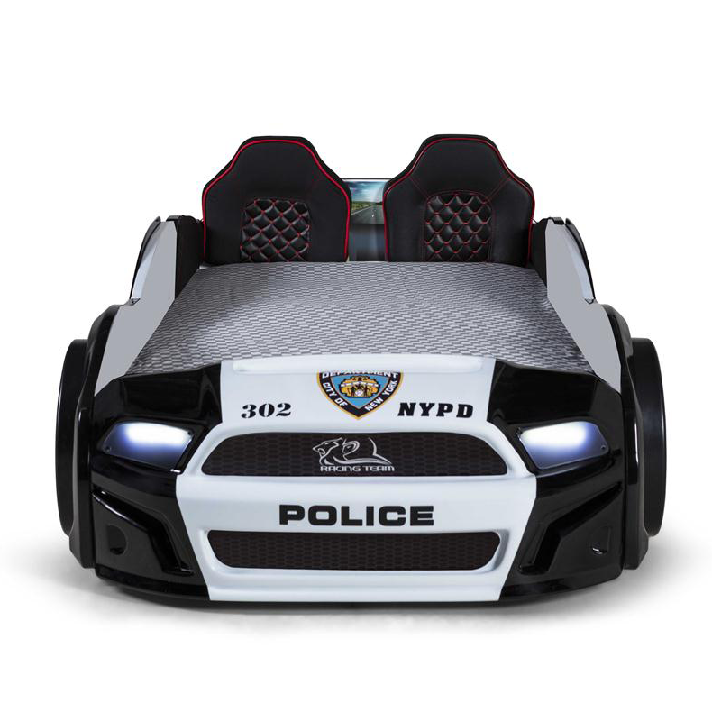 Black and white Muscle Police Car Bed with racing-style headrests for kids’ police car bed