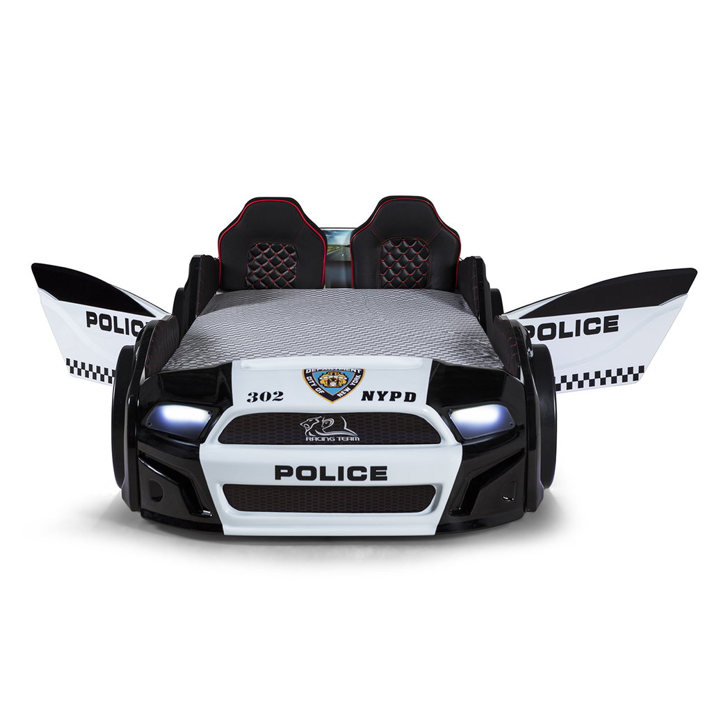 Black and white muscle police car bed with working doors and headlights for kids
