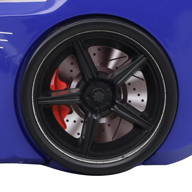 Blue car with black 5-spoke wheel red brake caliper and drilled rotor on Thunder Racer Bed