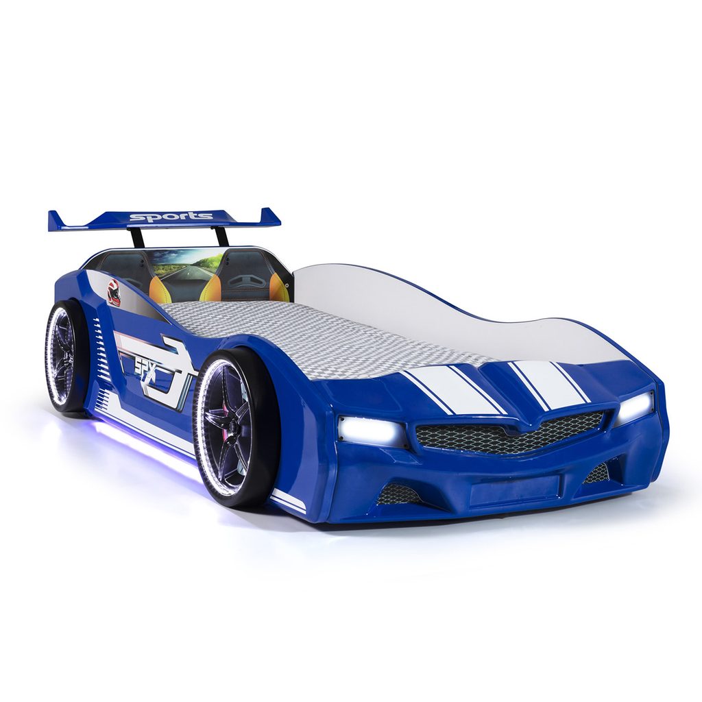 Thunder Racer Bed for Kids featuring a blue race car design with white stripes and glowing wheels
