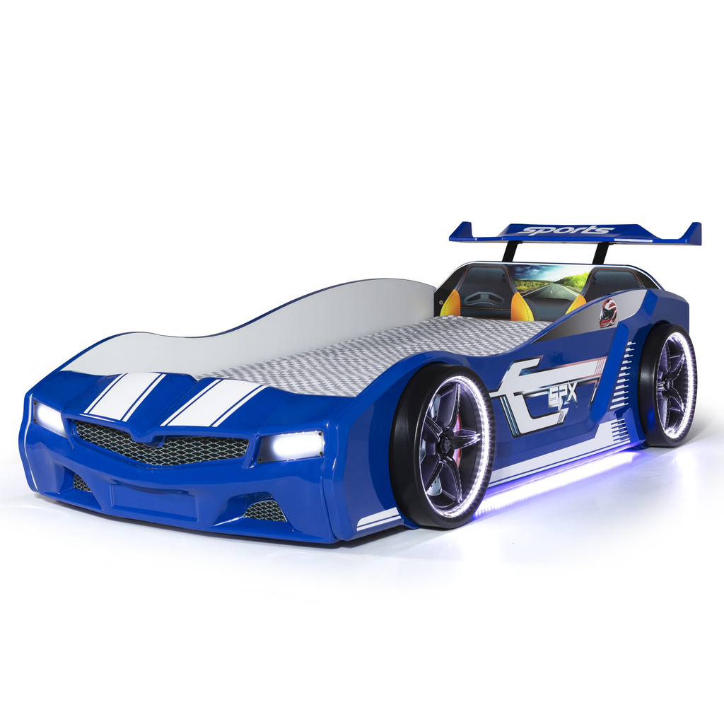 Blue Thunder Racer Bed shaped like a race car with white stripes and glowing headlights