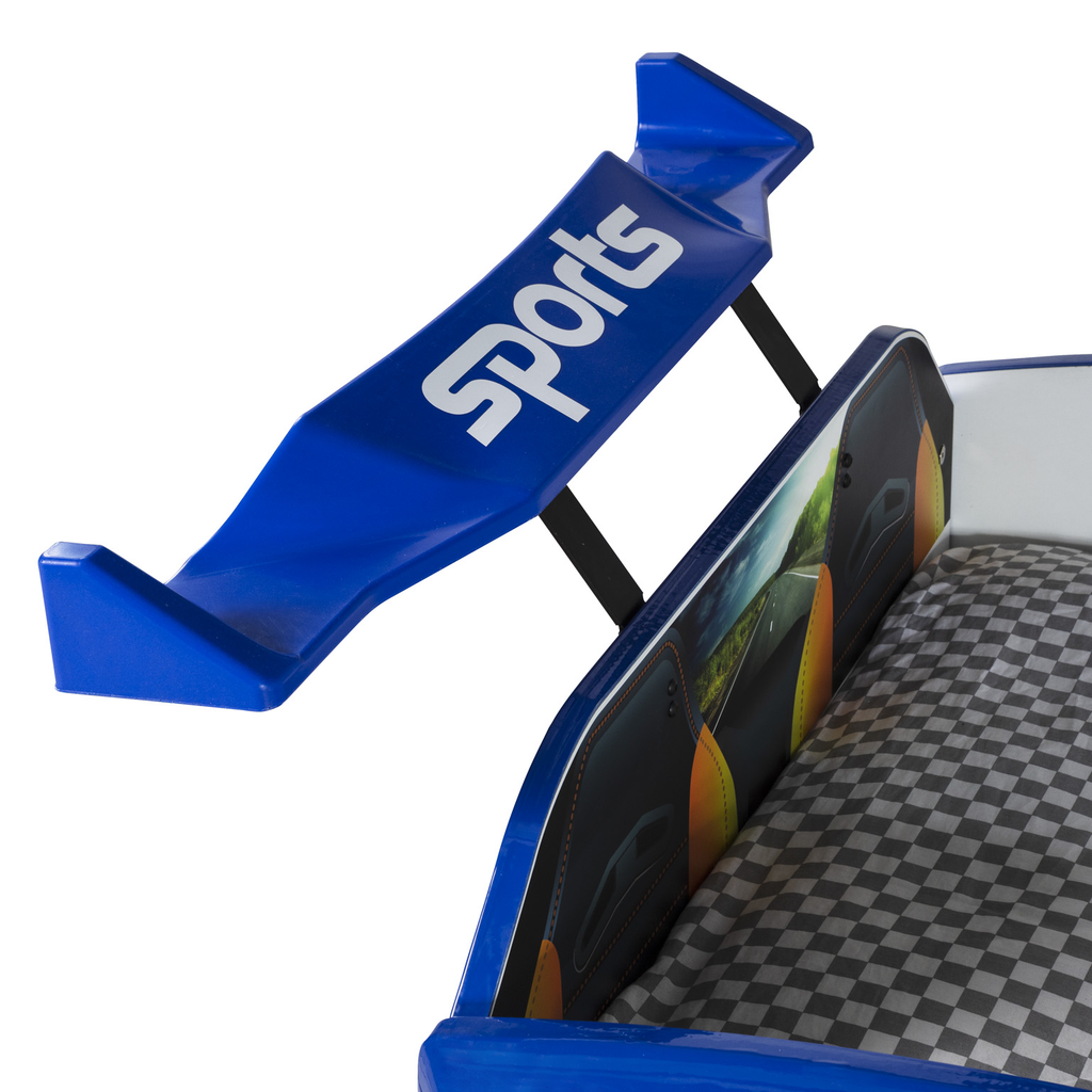 Blue Thunder Racer Bed with sports spoiler and checkered bedding for Lynda Kids