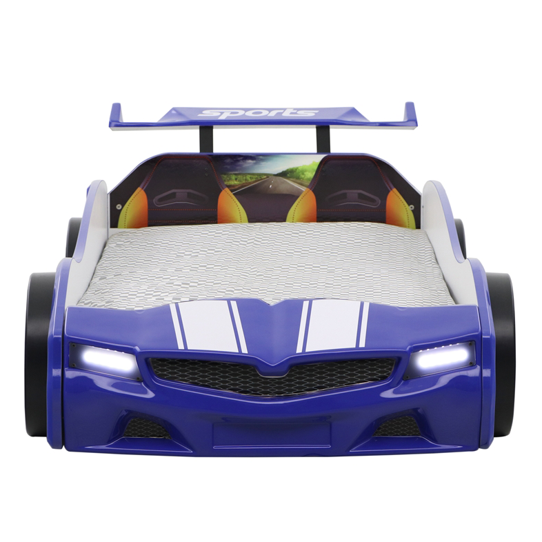 Blue Thunder Racer Bed for kids with white stripes and working headlights by Lynda Kids