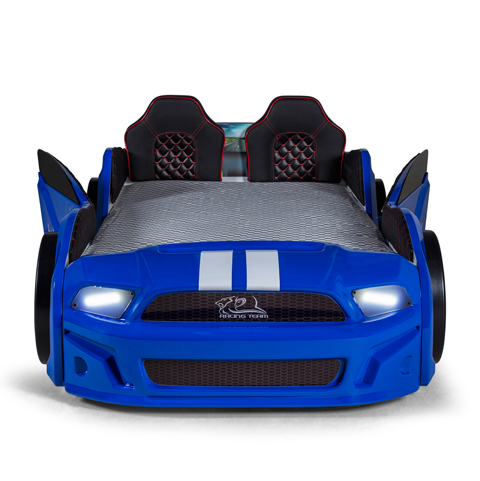 Blue Muscle Racer Bed with white racing stripes, black bucket seats, and working headlights