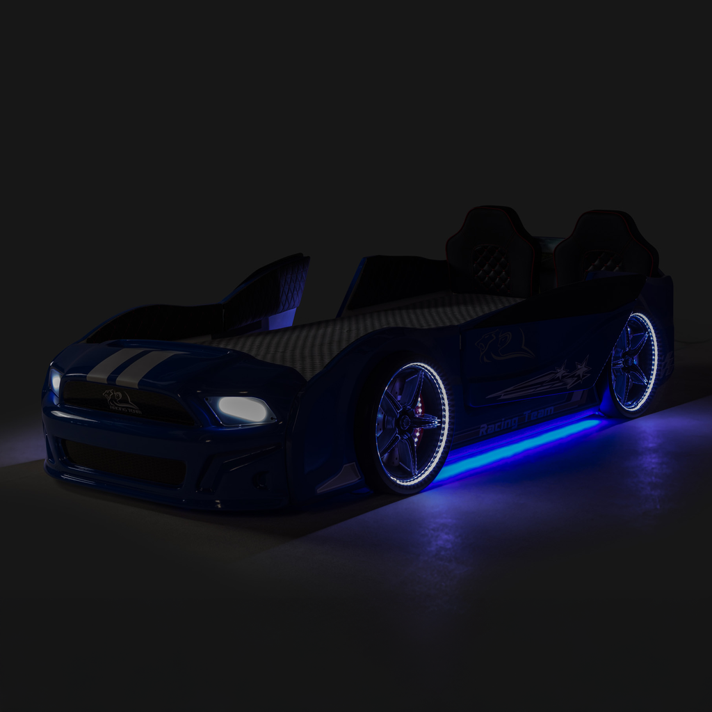 Muscle Racer Bed with blue car design, white racing stripes, illuminated headlights, and glowing rims