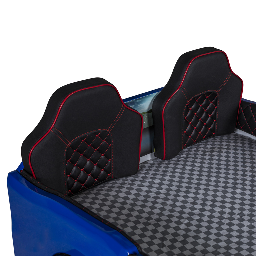 Blue Muscle Racer Bed designed like a race car with black and red headboards and checkered mattress