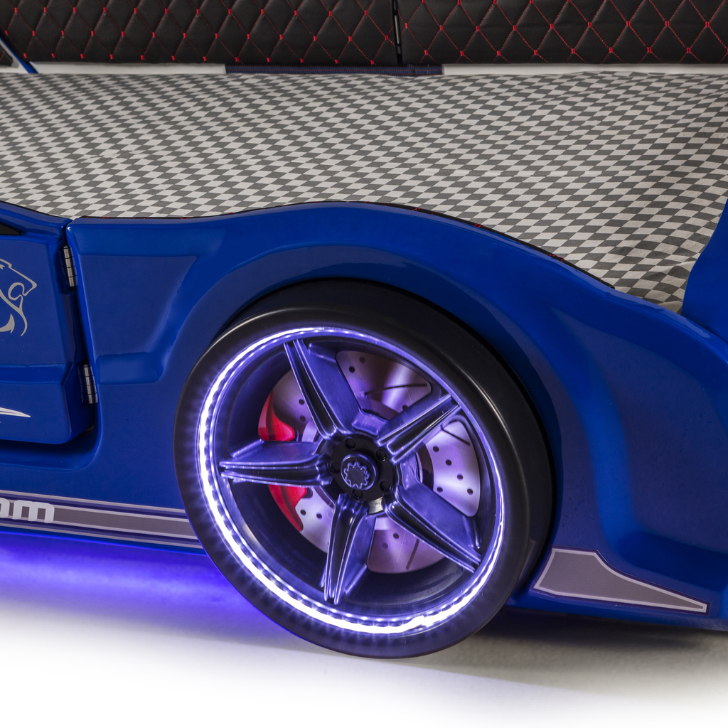 Blue Muscle Racer Bed with LED wheel lights and underglow, perfect car bed for kids