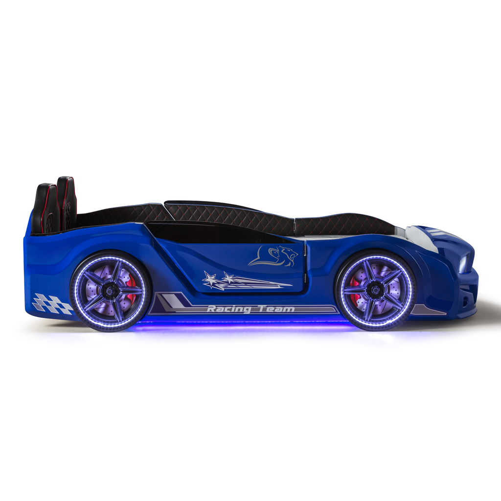 Blue Muscle Racer Bed frame with glowing LED lights, perfect car bed for kids