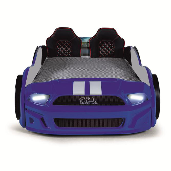Purple muscle racer bed shaped like a car with black racing seats and white stripes